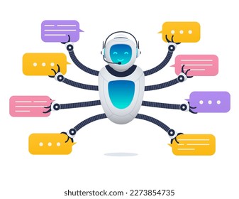 Chat bot, robot assistant for customer support. Concept of virtual consultant for receiving help and providing information.