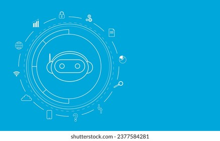 Chatten Sie Roboterzeichen mit Kreishologramm. Netzwerkschnittstelle. Technologie für künstliche Intelligenz. Digitale Maschinen. Virtueller Globus mit verschiedenen Symbolen. Futuristische Innovation. Vektorgrafik