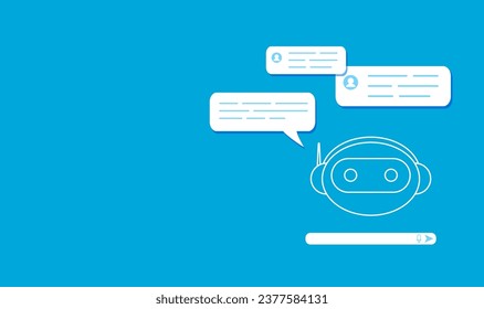 Chat bot robot character with speech bubble hologram. Network interface. Artificial intelligence technology. Digital machinery. Blue background. Futuristic innovation. Vector illustration