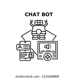 Chat bot robot. Chatbot service. Ai talk. Mobile phone. Digital online. Virtual business. Web support vector concept black illustration