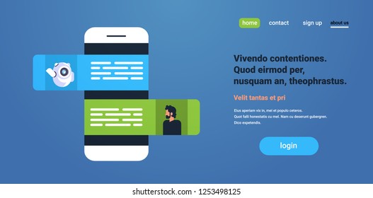 chat bot robot communicating with businessman messenger mobile application concept flat copy space horizontal