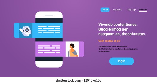 chat bot robot communication dialogue businesswoman messenger support mobile application concept flat copy space horizontal vector illustration