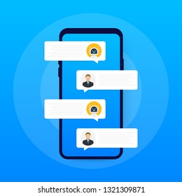Chat bot robot concept on smartphone screen. Template chat, message. Ai - artificial intelligence. Vector stock illustration.