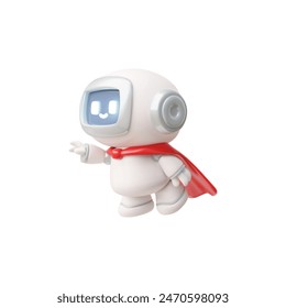 Chat bot robot flies in a red cape, AI assistance superhero 3D vector icon. Online education, distance studying. Artificial intelligence machine, customer support service robots technology