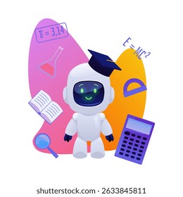 Chat bot robot with graduate cap. Cute AI assistance machine on decorative background with school supplies. Online education, distance studying with Artificial intelligence. Vector flat illustration