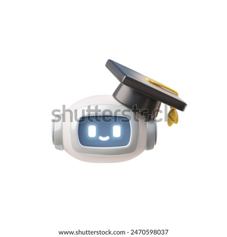 Chat bot robot head with university black cap, AI assistance 3D vector icon. Online education, distance studying. Artificial intelligence machine, learning with chat bot concept