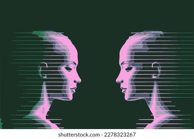 Chat Bot or Robot illustration. Artificial Intelligence copy writing chat bot. Dynamic Neon Background with Stripes. Vector Banner with Gradient. Technology Pattern.