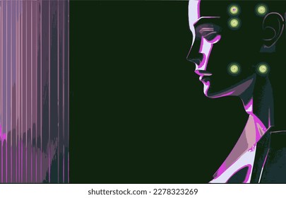 Ilustración de Chat Bot o Robot. Copia de inteligencia artificial escribiendo bot de chat. Fondo neón dinámico con franjas. Cartel vectorial con gradiente. Patrón de tecnología.