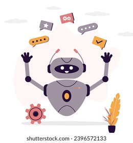 Chatbot oder Roboter jonglieren Sprachblasen. Dialog zwischen Chatbot ai und verschiedenen Klienten. App für den Kundendienst. Chatten Sie einen virtuellen Assistenten. Support-App für Kunden. Hilfeleistung. Vektorgrafik