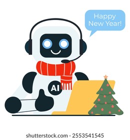 Chat bot robot in red scarf and with Christmas tree and yellow laptop shows thumbs up