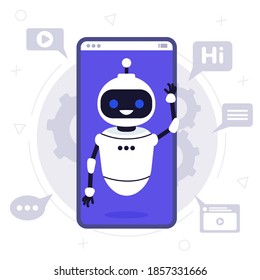 Chat bot robot say hi vector flat cartoon character illustration on blue background speak bubble voice support service chat bot virtual online help customer support