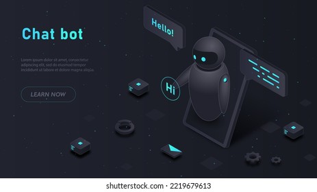 Chat bot robot say hi. Artificial intelligence, assistant and helper. Programming and cyberspace. Modern technologies and digital world, gadgets and devices. Isometric neon vector illustration