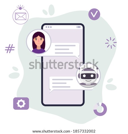Chat bot robot say hi vector flat cartoon character illustration on blue background speak bubble voice support service chat bot virtual online help customer support