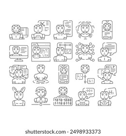 chat bot robot service icons set vector. ai chatbot, mobile digital, support online, technology app, help phone, customer chat bot robot service black contour illustrations