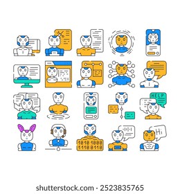 chat bot robot service icons set vector. ai chatbot, mobile digital, support online, technology app, help phone, customer chat bot robot service color Contour Illustrations