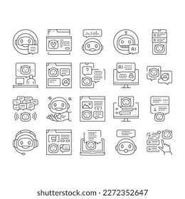 chat bot robot servicio iconos en línea conjunto vector. chatbot móvil, charla de comunicación, soporte de ai, mensaje de conversación, chat digital robot servicio de robots en línea ilustraciones de contorno negro