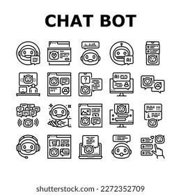 chat bot robot service online icons set vector. chatbot mobile, communication talk, ai support, conversation message, digital chat bot robot service online black contour illustrations