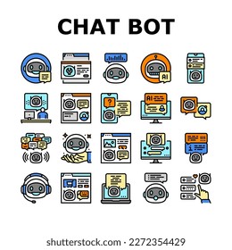 chat bot robot servicio iconos en línea conjunto vector. chatbot móvil, charla de comunicación, soporte de ai, mensaje de conversación, chat digital robot servicio de robot de chat en línea ilustraciones de línea de color