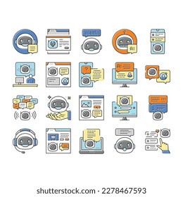 chat bot robot servicio iconos en línea conjunto vector. chatbot móvil, charla de comunicación, soporte de ai, mensaje de conversación, chat digital robot servicio de robot de chat en línea ilustraciones de línea de color