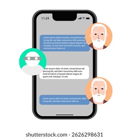 Chat bot robot speech internet. AI service mobile isolated app.Man asks question to AI. Artifical intelligence assistance icon. Symbol information vector technology. Digital conversation. Vector