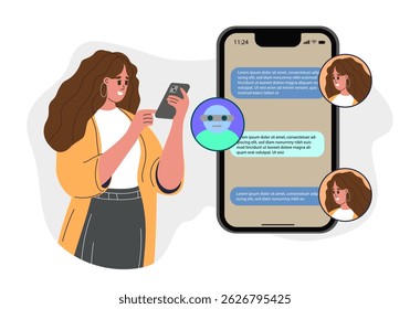 Bate-papo robô discurso internet. Serviço de IA aplicativo isolado móvel.Garota faz pergunta para IA. Ícone de assistência de inteligência artificial. Tecnologia de vetor de informação de símbolos. Conversa digital. Vetor
