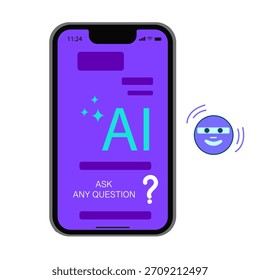 Chat bot robot speech internet. AI service mobile isolated app. Ask question to AI. Artificial intelligence assistance. Digital conversation. Vector