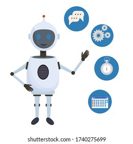 Robot de chat, robot parado y mostrando iconos que ayudan a almacenar la ilustración vectorial aislada en el fondo blanco. Ai, tecnología, concepto de asistencia en diseño plano.