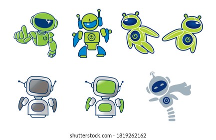 Chat bot. Robot support. Robot points a finger. Robot switch on screen. Cosmic bot flying. Customer support service chat bot. Chatbot helping solve a problems. Vector illustration isolated on white.