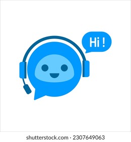 Chat Bot cantando. Asistente virtual Bot saying hi. Cabeza de robot con auriculares. Servicio de asistencia al cliente Chat Bot. Vector