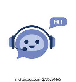 Chat Bot saludando. Asistente virtual Bot saludando. Cabeza de robot con auriculares. Servicio de Asistencia al cliente Chat Bot. Vector