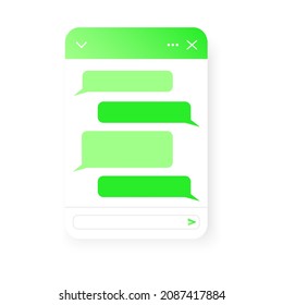 Chat bot screen template. Life chat window with message bubbles isolated on transparent background. Virtual assistant, online customer support conversation. Mobile messenger app form design.