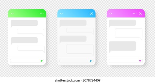 Chat bot screen templates. Life chat windows with message bubbles isolated on transparent background. Virtual assistant, online customer support conversation. Mobile messenger app design.
