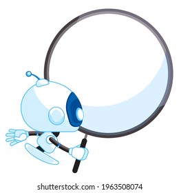Chat Bot Search Robot Virtual Assistance Of Website Or Mobile Applications, Artificial Intelligence Concept. Chatbot search looks into a magnifying glass. Cartoon character, Vector illustration