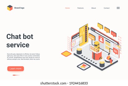 Chat bot service concept isometric vector illustration. Cartoon 3d chatbot virtual support, customer people chatting with ai robot, consulting in dialog, digital futuristic technology landing page