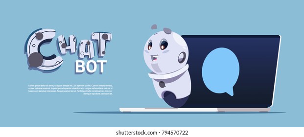 Chat Bot Service Cute Robot In Laptop Computer Template Banner With Copy Space, Chatter Or Chatterbot Technical Support App Concept Flat Vector Illustration