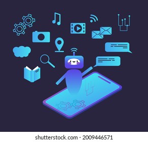 Chat bot service in smartphone application. Voice assistant can play music, movies, find information, send message, find location, make conversation.  