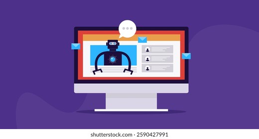 Chat bot services, AI chat chat bot for customer support, AI chat assistance integrated with website - vector illustration background with icons