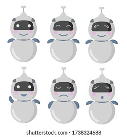 Chat bot set. A kawaii robot assistant with different emotions for online customer support. Cute cartoon robot in a flat style.Ai technology, futuristic helper. 