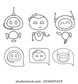 Chat bot Set en línea style.Chat mensajero icono vector línea dibujo. Colección de bots lindos diferentes