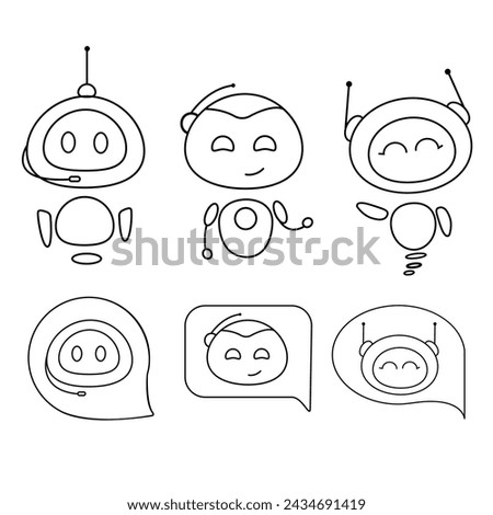 Chat bot Set in line style.Chat messenger icon vector line art drawing. Cute different bots collection