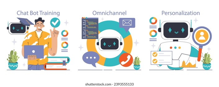 Chat Bot set. Trainer refining AI, integration of diverse channels, tailoring user experiences. Chat interface, code integration, user insights. Flat vector illustration