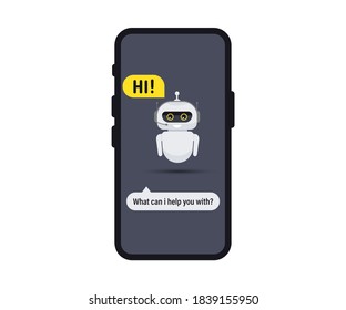 Chat bot en smartphone. Icono del mensajero de chat. Icono de soporte o servicio. El bot del servicio de soporte dice usuarios Hola. Chatbot saluda. Consulta en línea. Servicio al cliente, asistencia, centro de llamadas