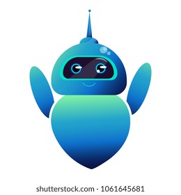The chat bot smiles and waves his hands. Happy robot Modern technology. Improvement of science. Business.