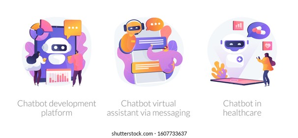 Chat bot, support automated technologies. Chatbot development platform, chatbot virtual assistant via messaging, chatbot in healthcare metaphors. Vector isolated concept metaphor illustrations.