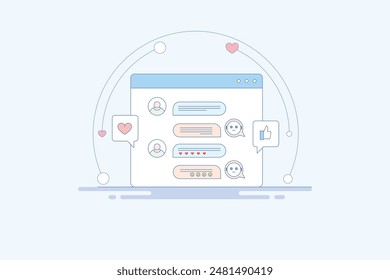 Chat bot support, Chat bot providing chat support to customers, online customer ticket, Artificial intelligence offering support online, Happy customer - line vector illustration background with icons