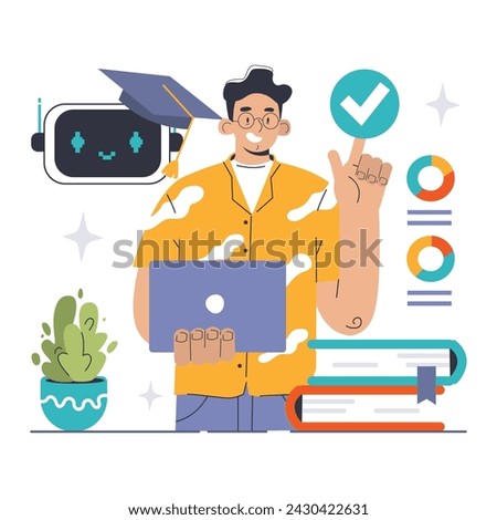 Chat Bot Training concept. An enthusiastic programmer fine-tunes a chatbot, showcasing commitment to AI excellence. Signifying progress, knowledge, and hands-on expertise. Flat vector illustration