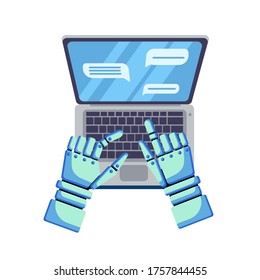 Chat-Bot-Tippen auf Laptop einzeln auf weißem Hintergrund. Online-Assistentin mit Laptop. Design des technischen Supports für Webseiten. Website zur virtuellen Hilfe. Vektorgrafik-Flachbild-Illustration für Banner