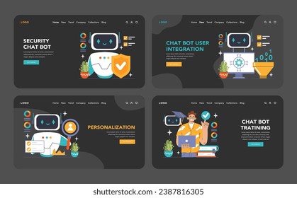 Chat Bot Universe dark or night mode web, landing set. Dive into AI-driven support: NLP engines, and personalization. Engage with omni-channel integration and secure chats. Flat vector illustration