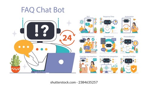 Juego de Chat Bot Universe. Influir en el apoyo impulsado por IA: Motores NLP y personalización. Participar con la integración de canales omnipresentes y los chats seguros. Ilustración vectorial plana