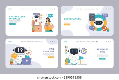 Chat Bot Universe web or landing set. Dive into AI-driven support: NLP engines, and personalization. Engage with omni-channel integration and secure chats. Flat vector illustration